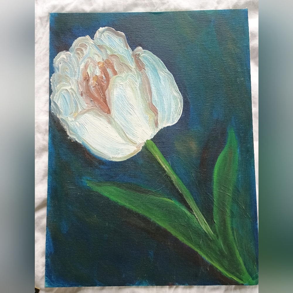 Unique Artisan White Tulip Expressive Impasto Oil Painting On Canvas, 12"x16"